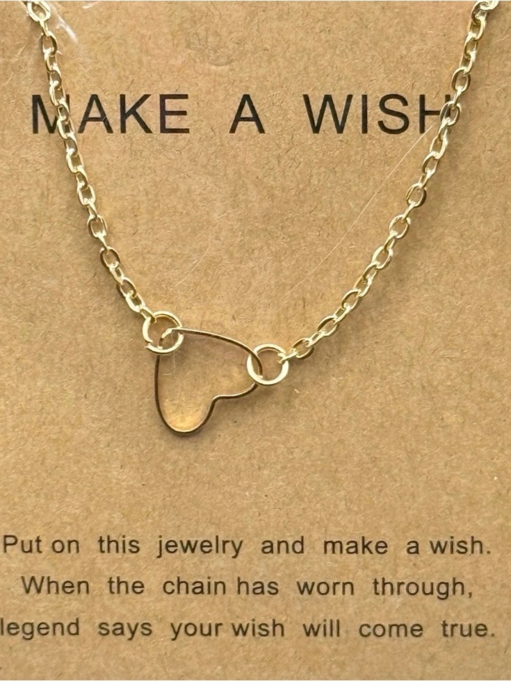 Gold Tone Heart Charm Necklace Make a Wish Card Jewelry